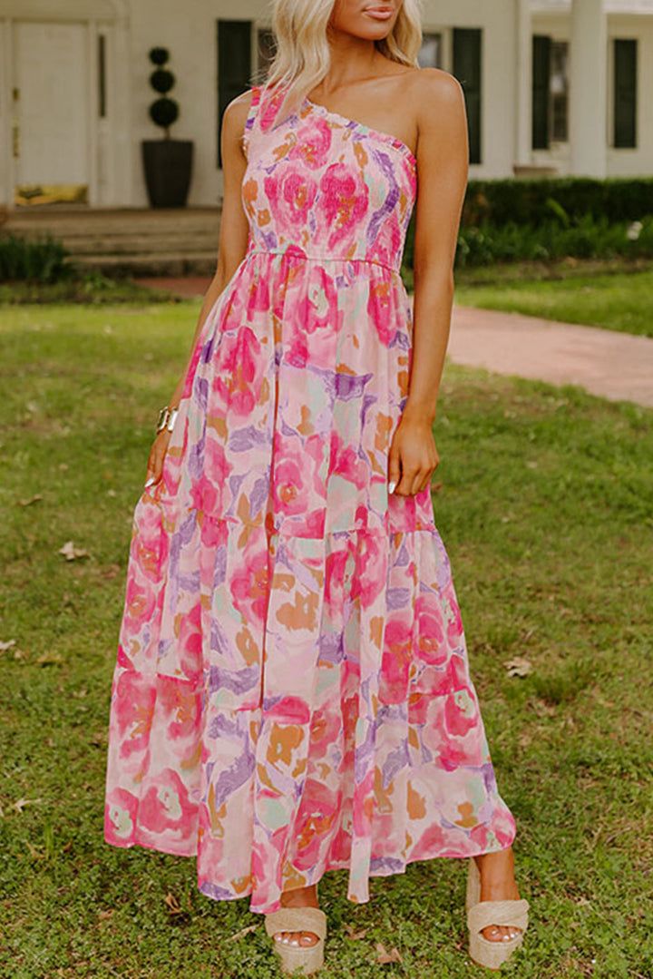 Robe longue froncée à une épaule et imprimé floral abstrait rose
