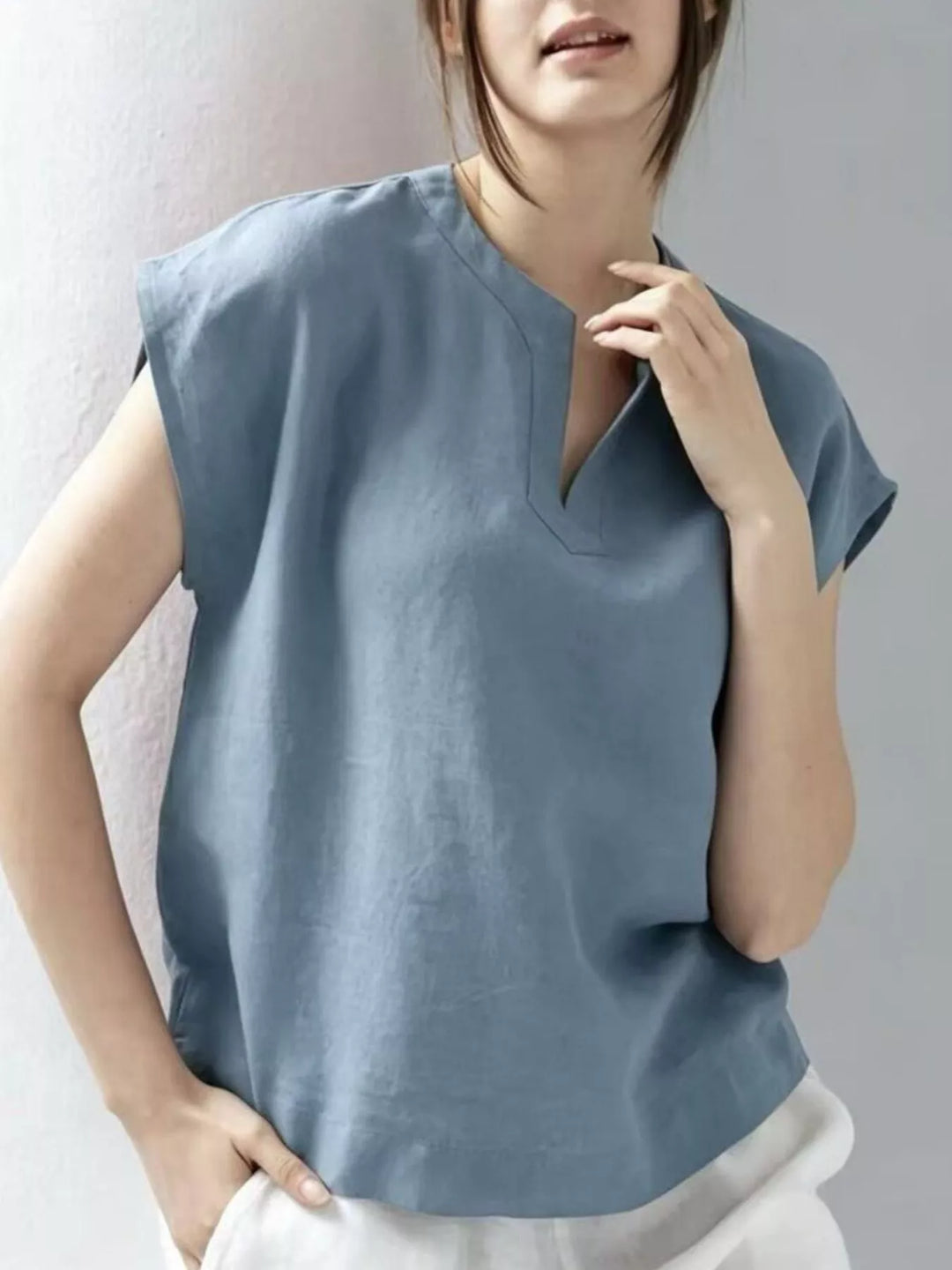 Notched Cap Sleeve Blouse