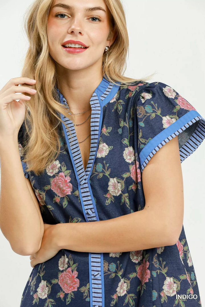 Umgee Floral Contrast Trim Ruffle Hem Mini Dress
