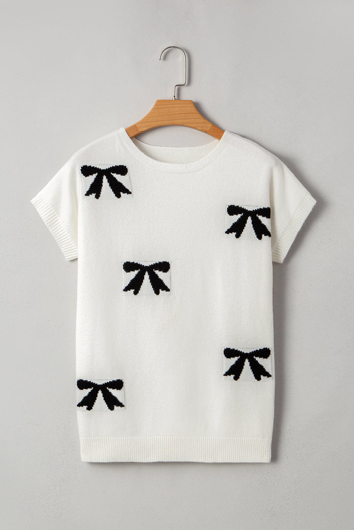 Black Bow Pattern Knit Short Sleeve Sweater