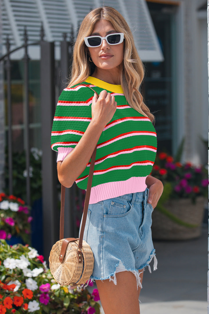 Green Stripe Colorblock Trim Half Sleeve Sweater Top