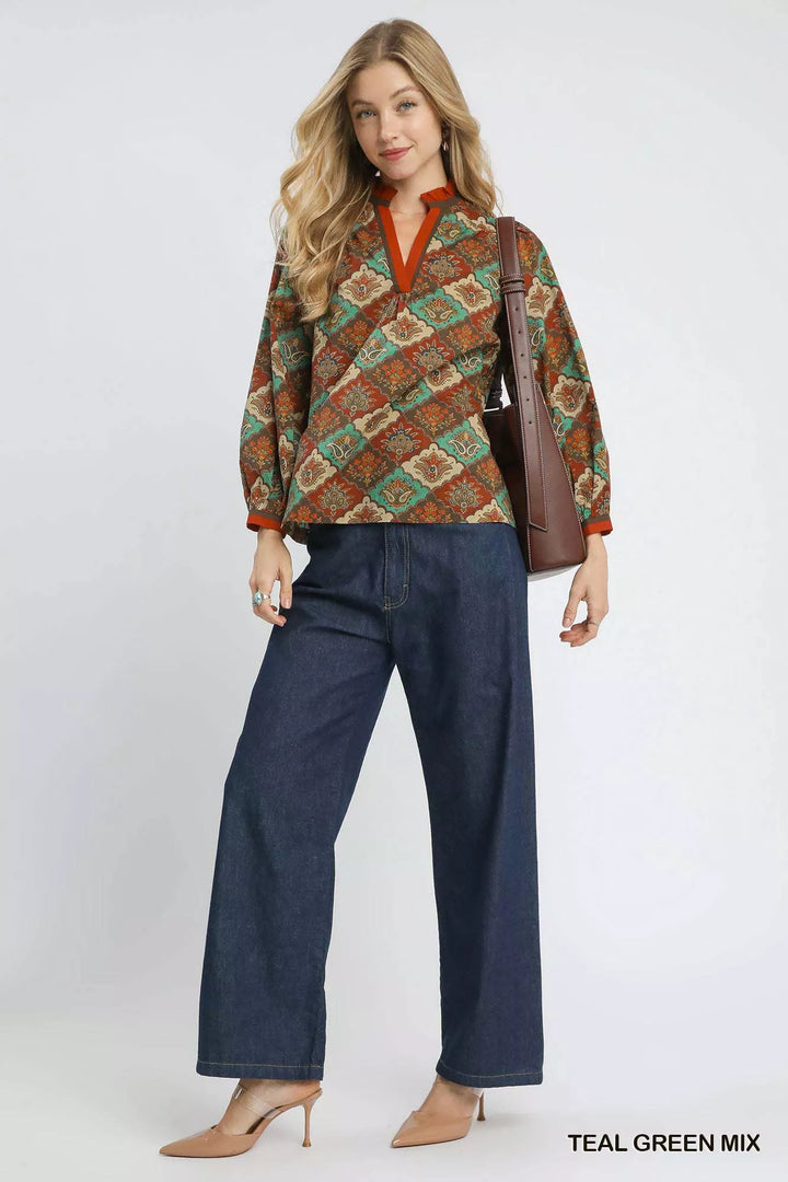 Umgee Abstract Print Ruffle Neck Top