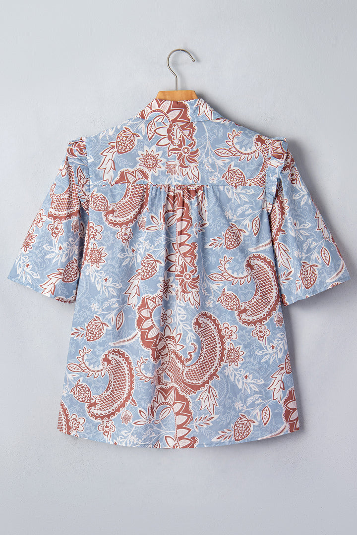 Sky Blue Boho Floral Print Scalloped Trim Button Down Short Sleeve Shirt