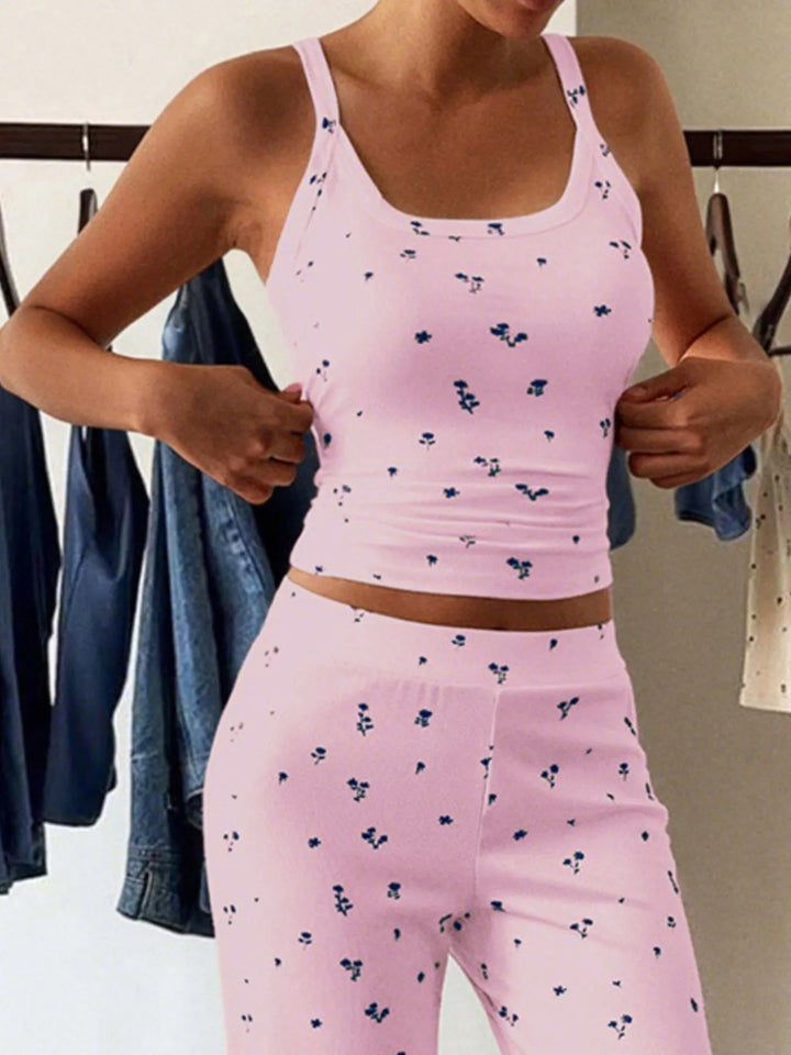 Floral Ribbed Cami and Wide Leg Pants Set