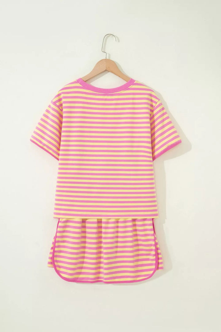Striped Round Neck Tee and Shorts Casual Set