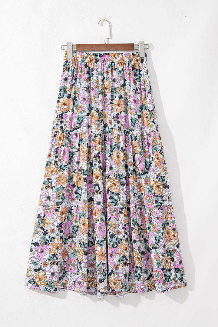 Sky Blue Bohemian Floral Print Tiered Maxi Skirt with Split