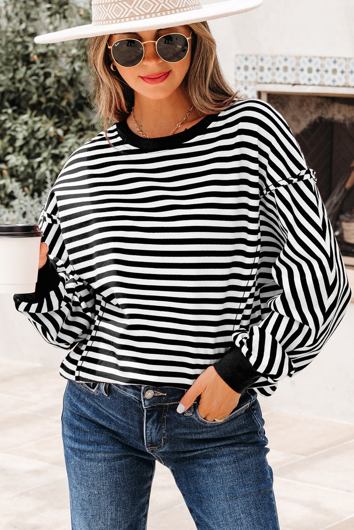 Black Stripe Exposed Seam Drop Shoulder Casual Pullover Top