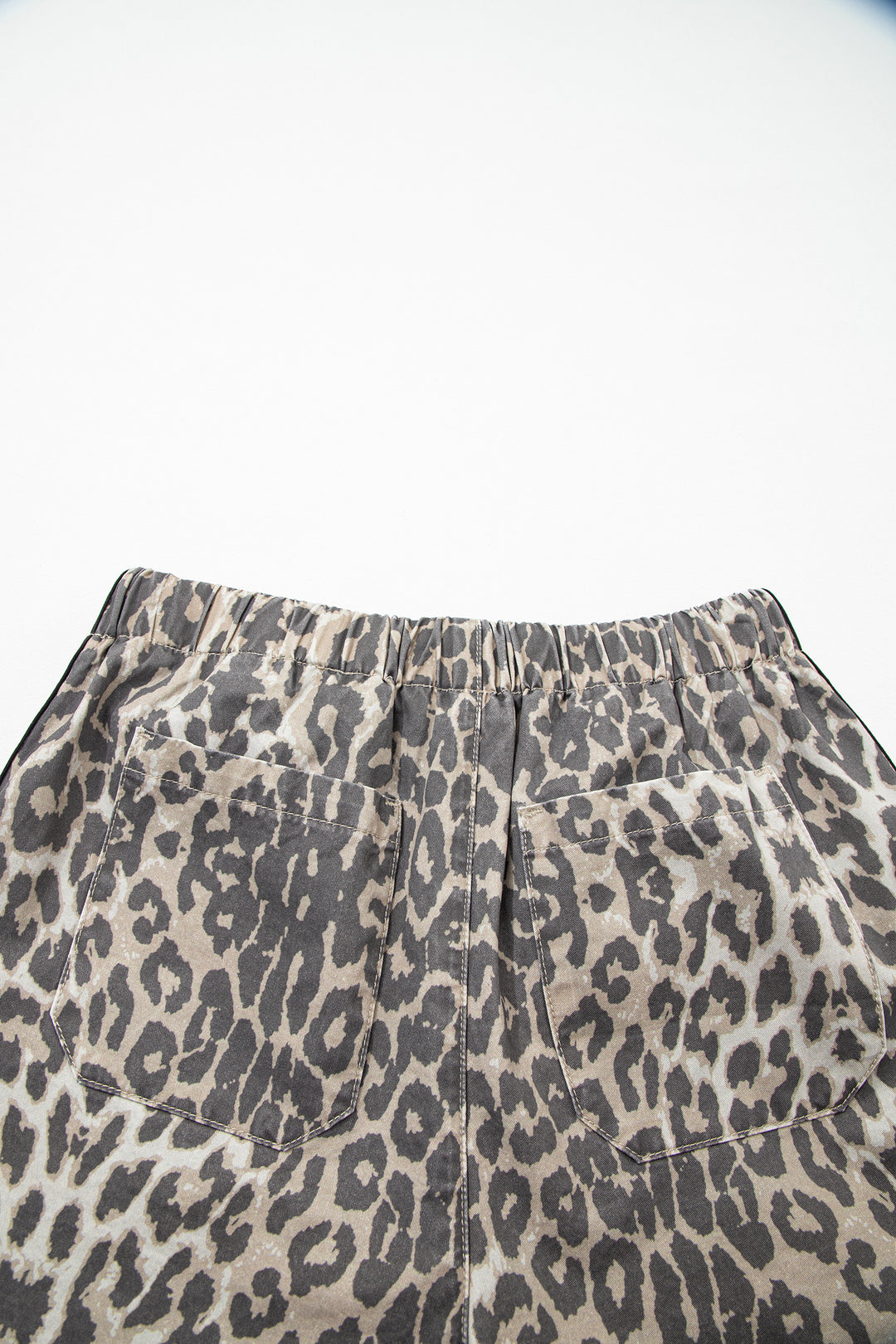 Multicolour Leopard Pattern Striped Detail Drawstring Denim Shorts