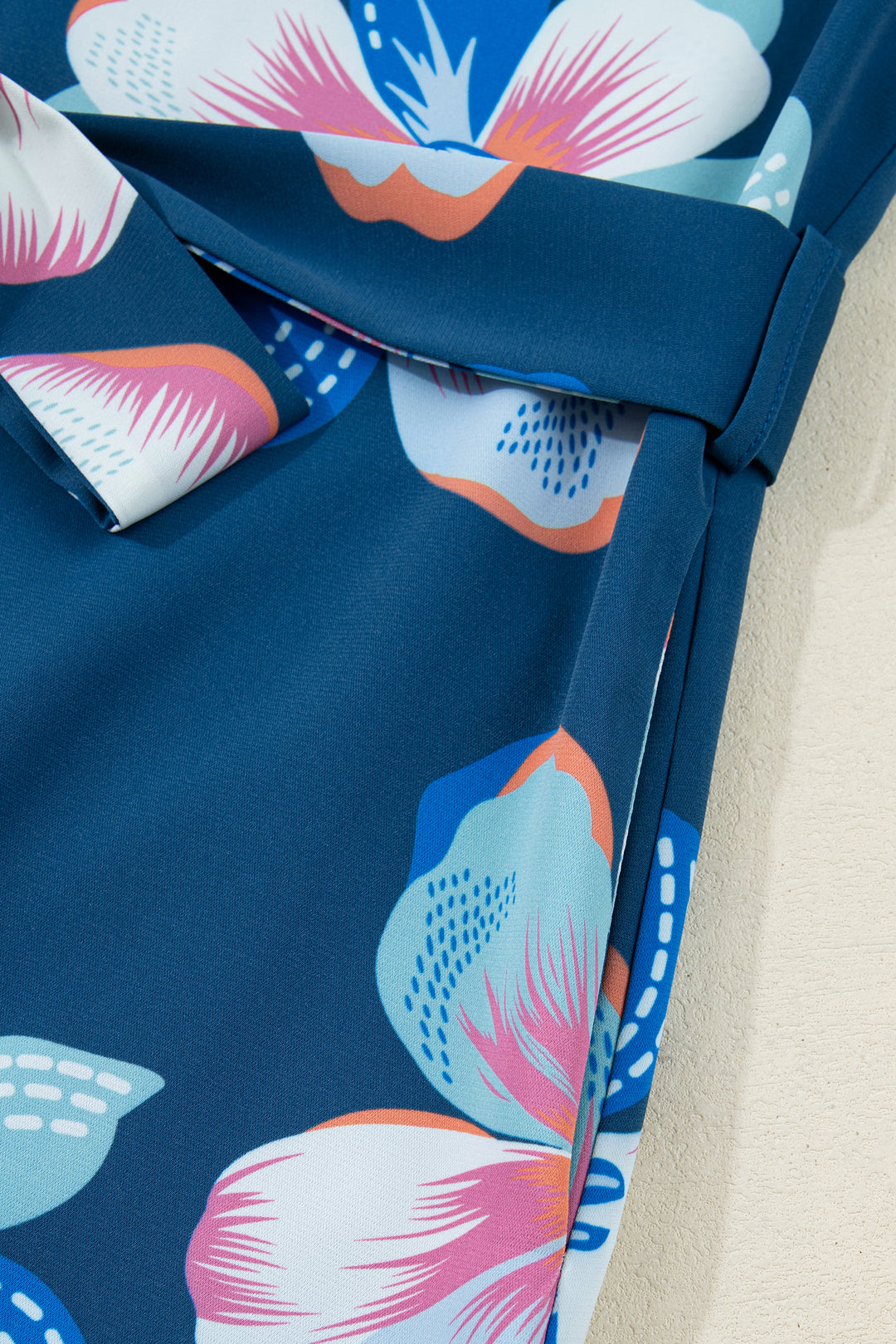 Blue Floral Print Short Puff Sleeve Ruffle Hem Belted Long Dress