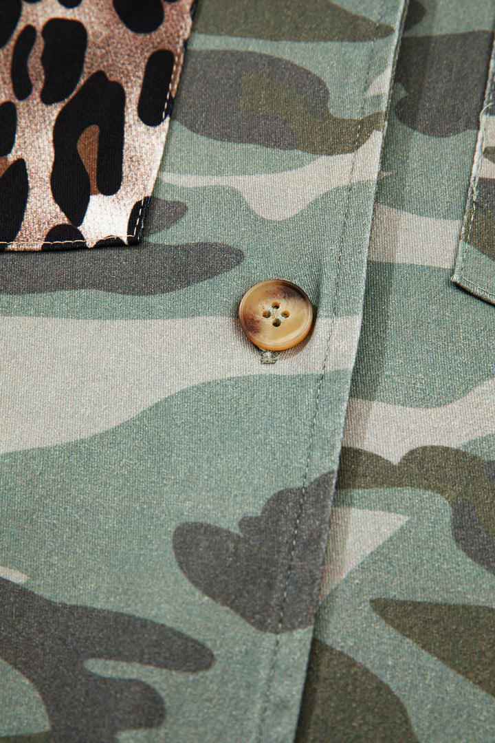 Green Camo Leopard Patchwork Flap Pocket Crop Jacket