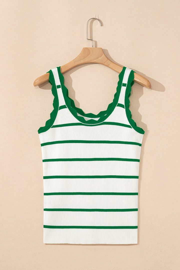 Bright Green Striped Scalloped Edge U Neck Sleeveless Sweater Vest