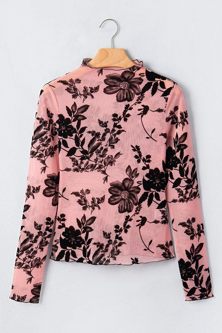 Floral Print Mesh Long Sleeve Pullover Blouse
