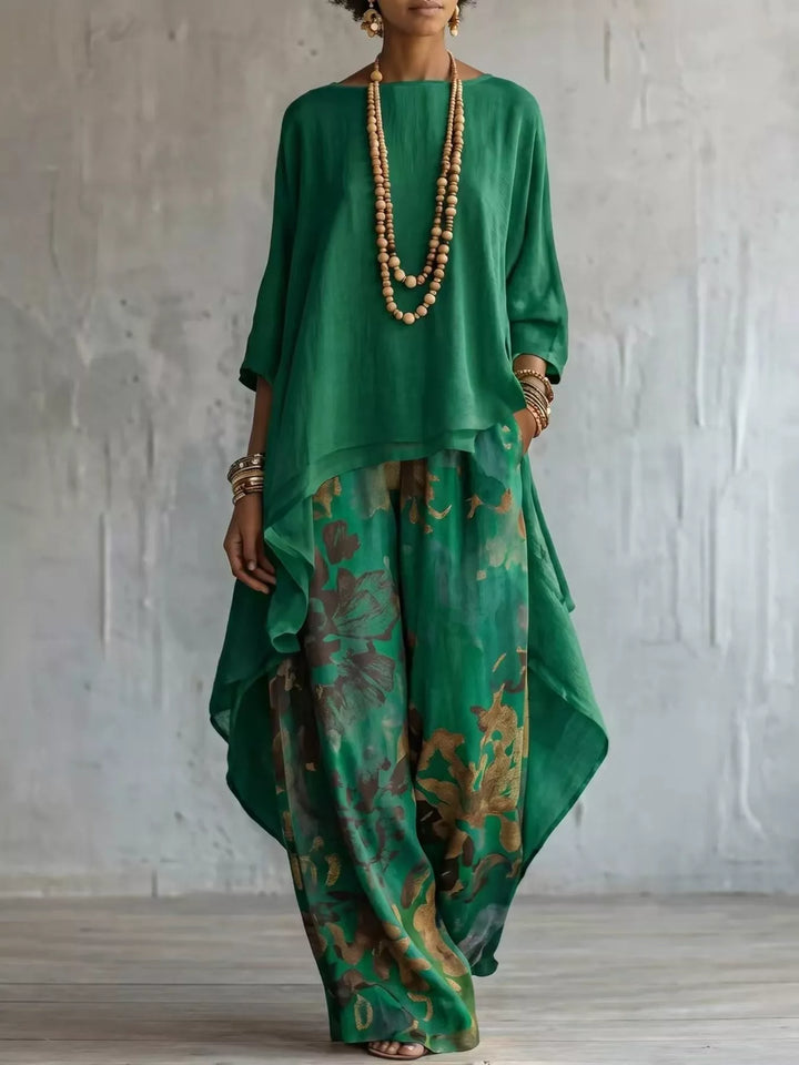 Asymmetrical Hem Top and Floral Pants Set