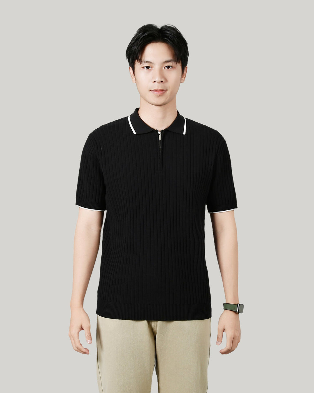 Men's Half-zip Ice Silk Knitted Lapel Vertical Striped Top