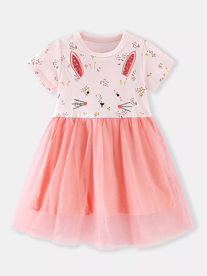 Children's Bunny Floral Print Tulle Dress