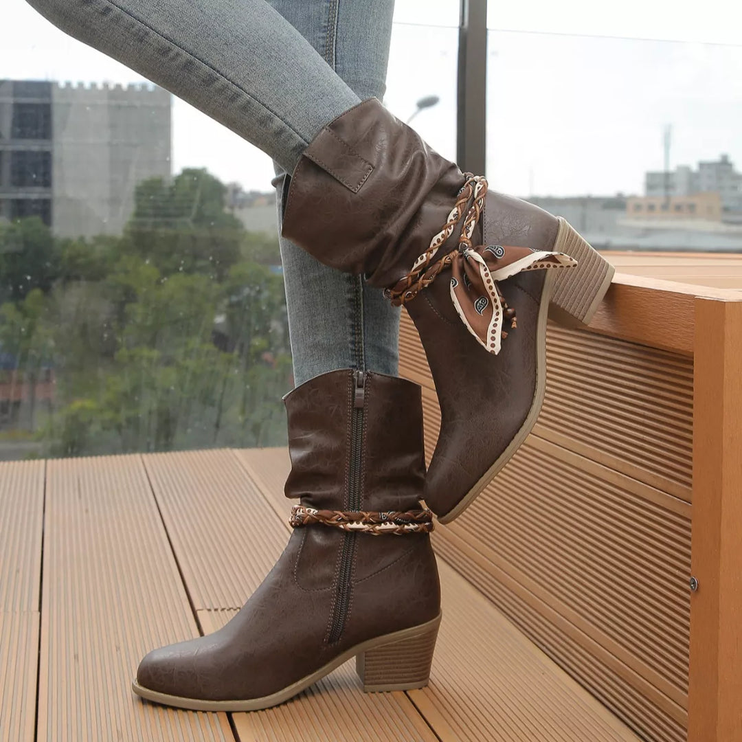 Braided Detail Western Boots with Block Heels