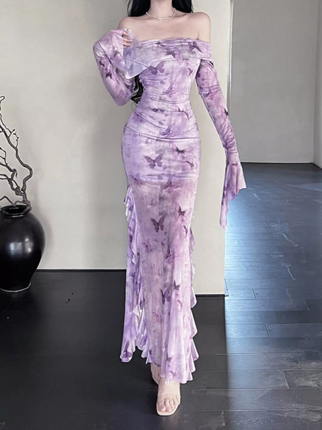 Butterfly Print Off-Shoulder Mesh Mermaid Dress