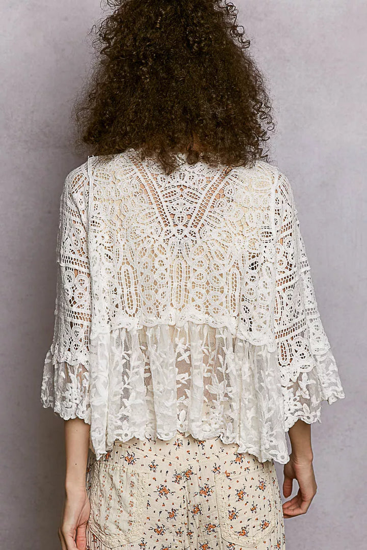 POL Floral Lace Short Sleeve Crochet Cardigan with Tassel Tie