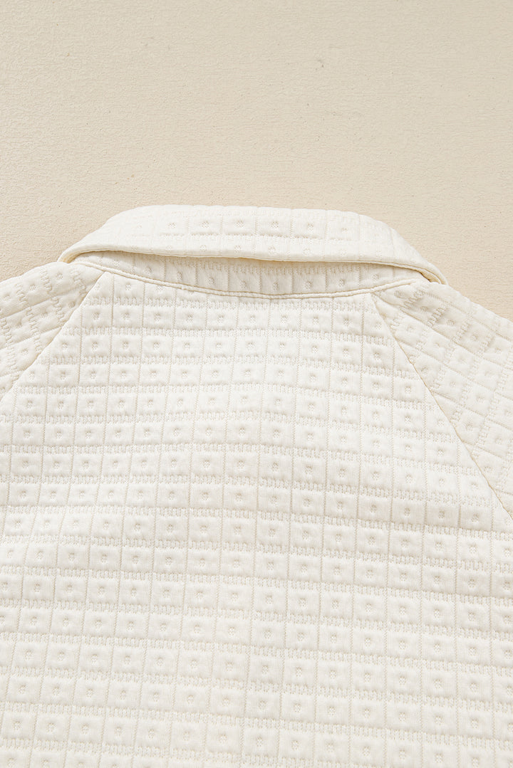 Beige Pineapple Textured Half Button Collared Sweatshirt