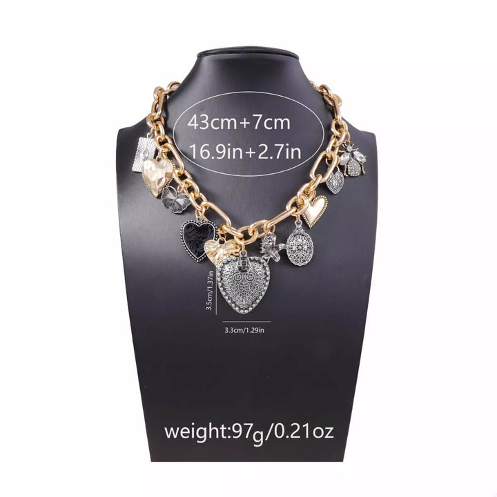 18K Gold-Plated Alloy Heart Charm Chain Statement Necklace