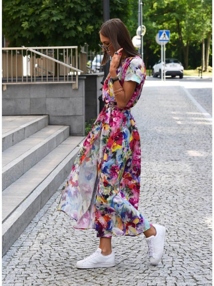 Surplice Short Sleeve Midi Dress