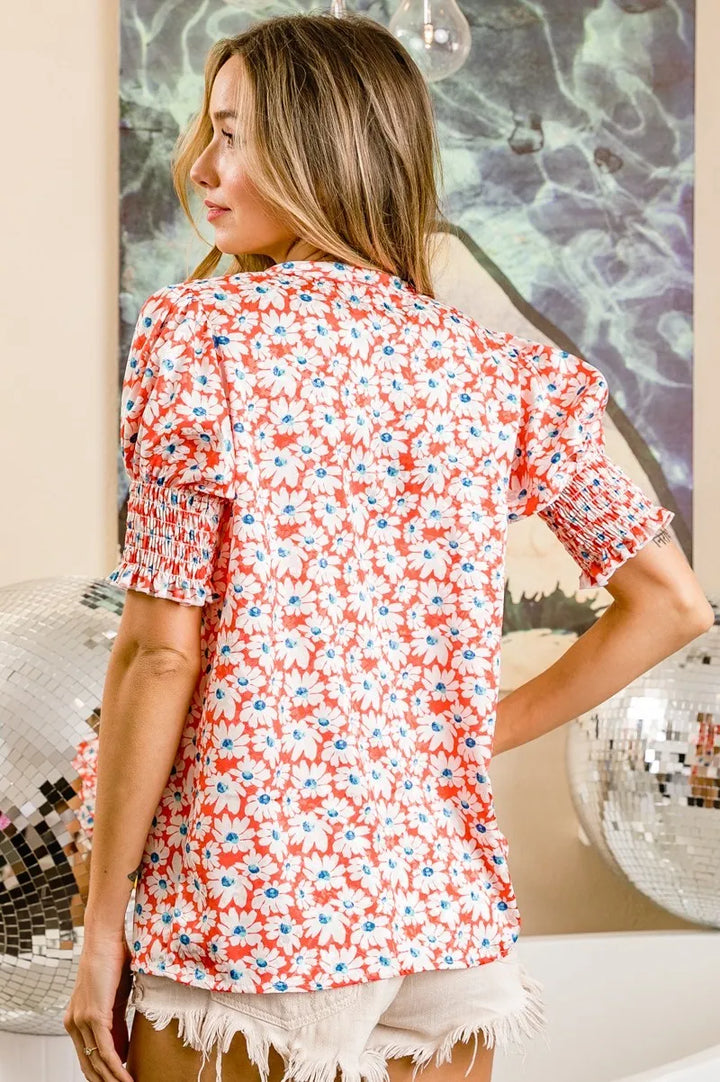 BiBi Floral Jqd Smoked Puff Sleeves V Neck Top