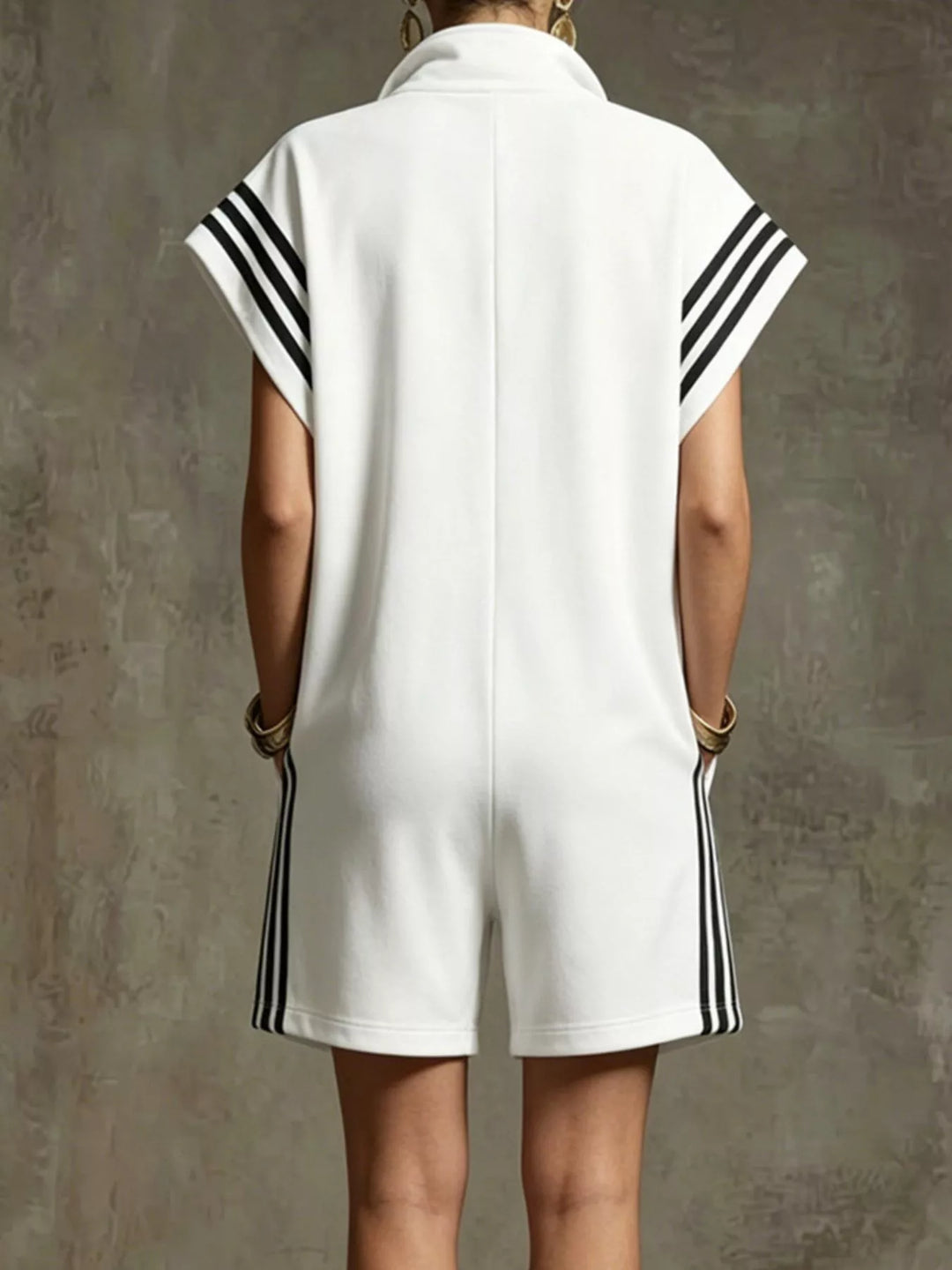 Striped Zip Front Short Sleeve Romper