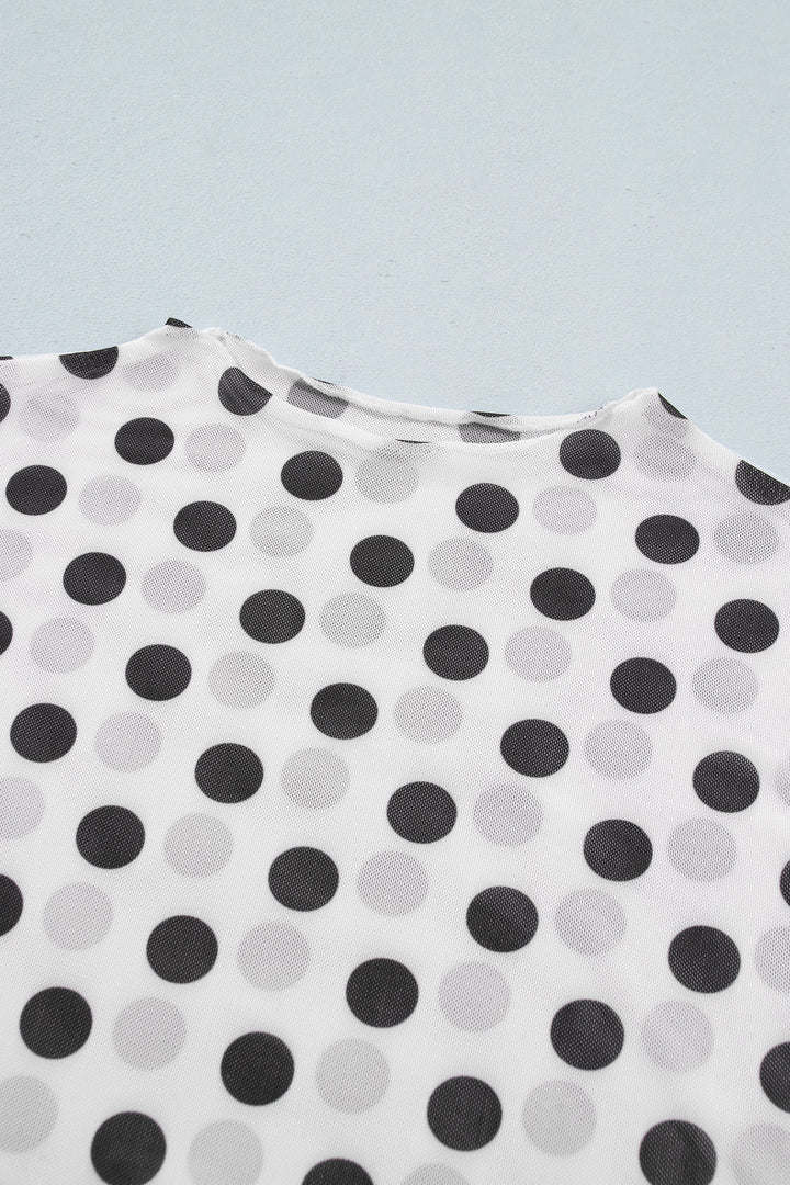 White Polka Dot Mesh Long Sleeve Stand Neck Sheath Top
