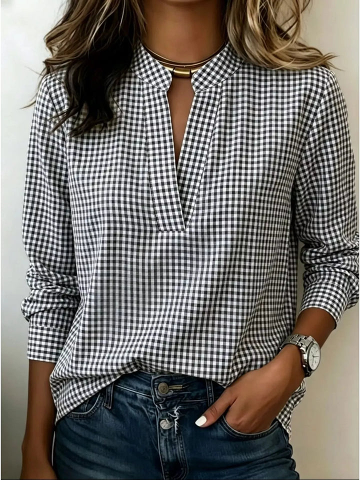 Full Size Plaid Notched Long Sleeve Blouse Plus Size