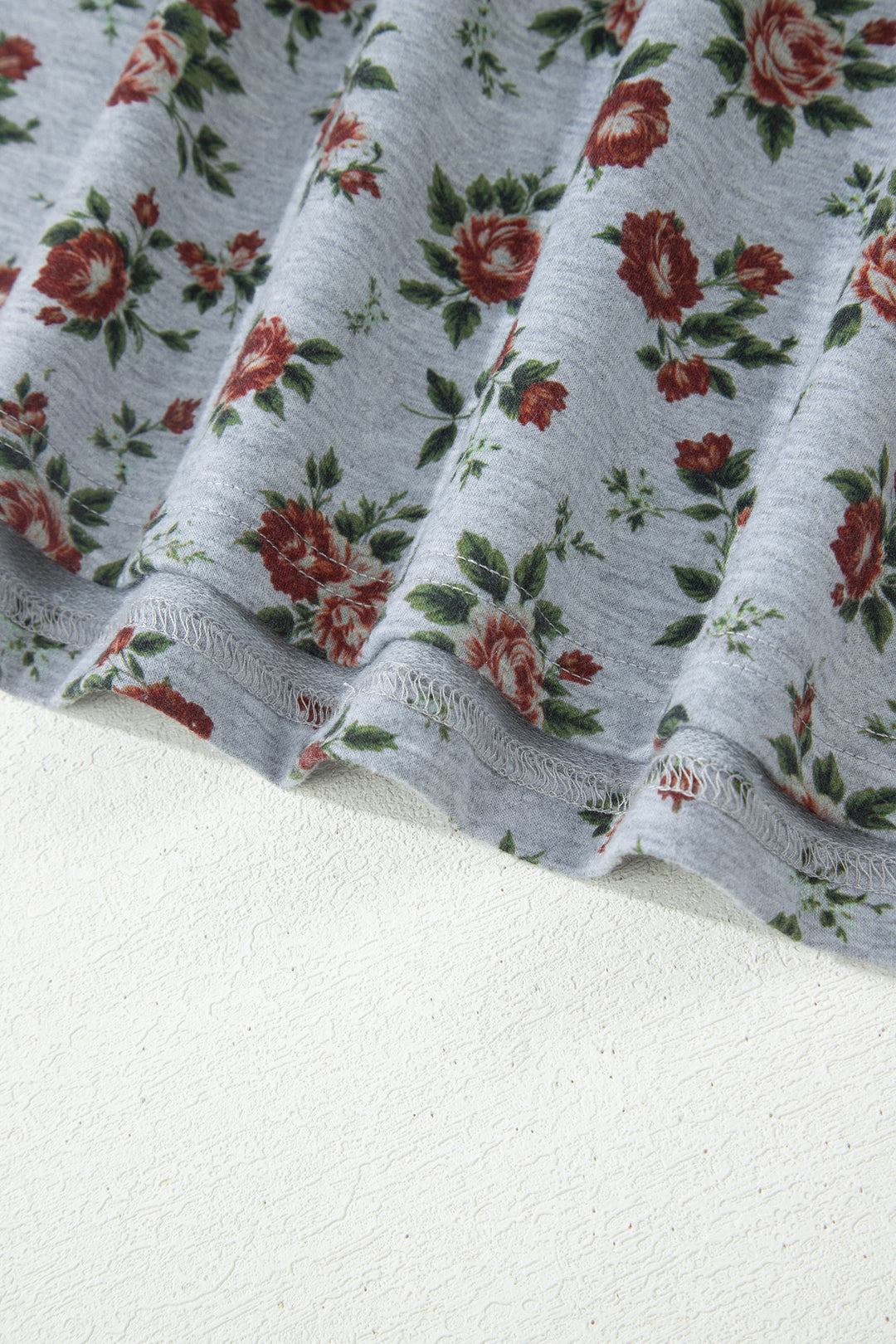 Gray Retro Floral Print Denim Patchwork Plus Size Polo Tee