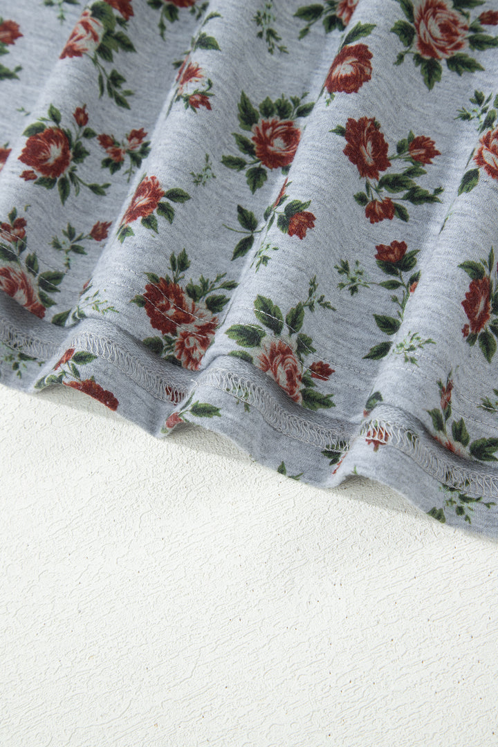 Gray Retro Floral Print Denim Patchwork Plus Size Polo Tee
