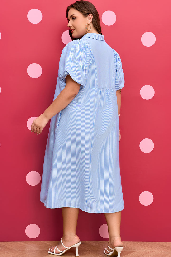 Sky Blue Stripe Shirred Detail Collar V Neck Plus Size Midi Dress
