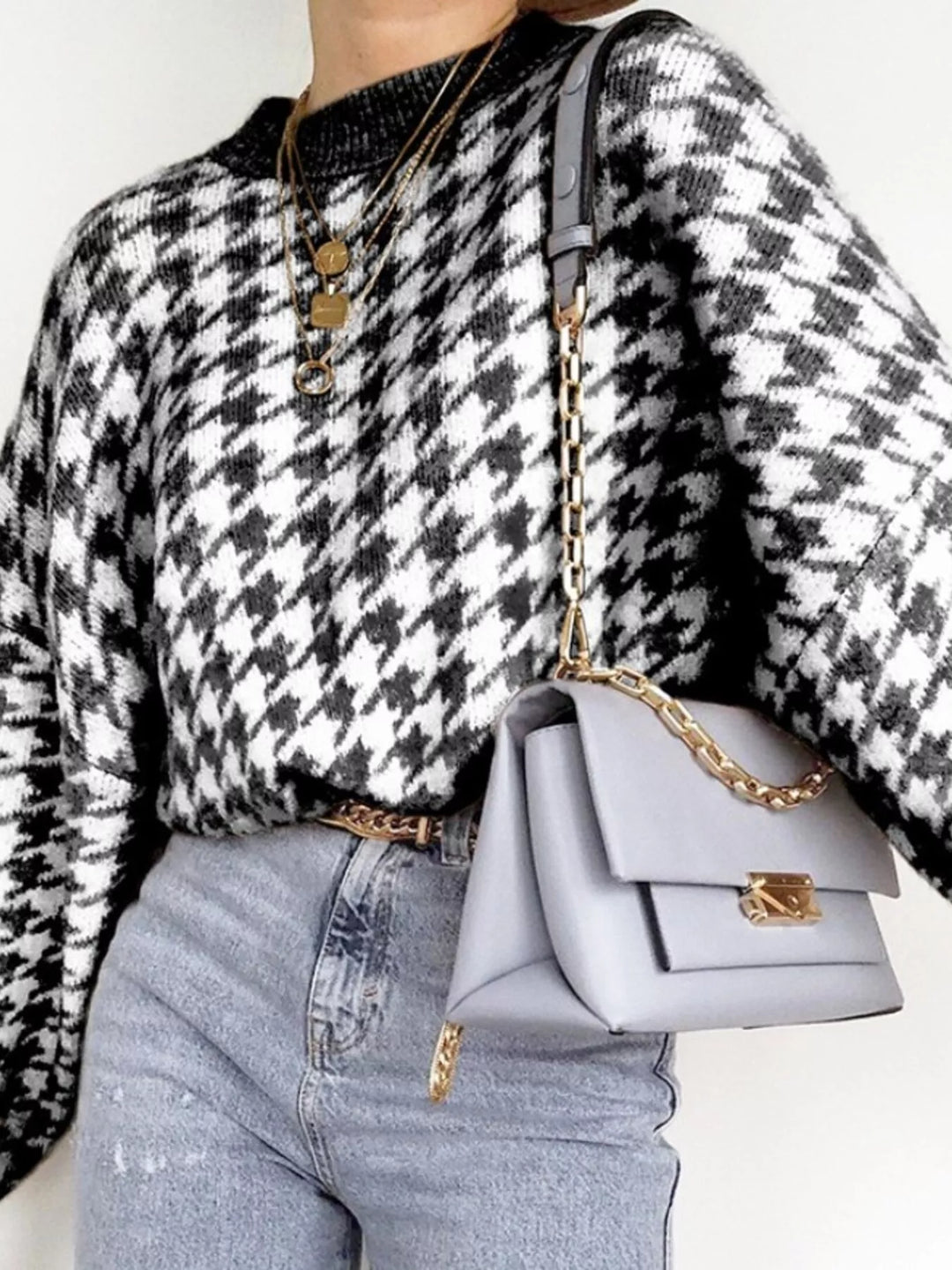 Full Size Houndstooth Pattern Oversized Sweater Plus Size