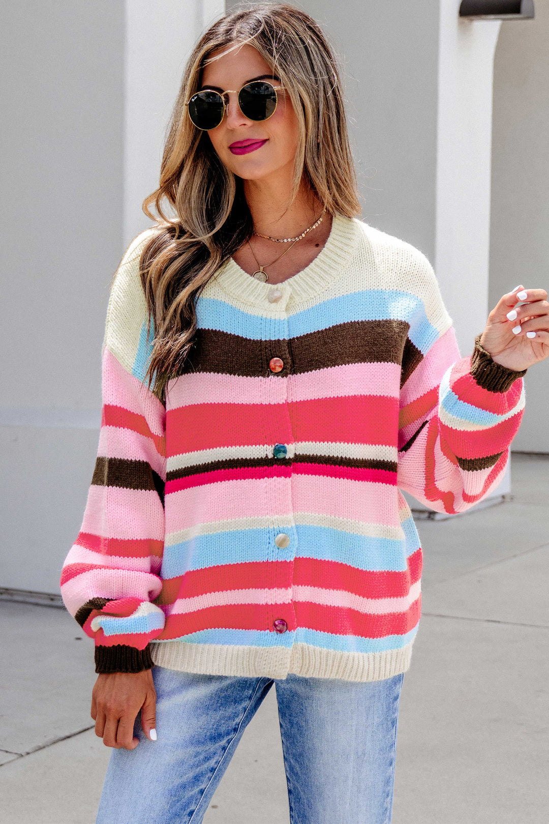 Pink Stripe Striped Colorblock Drop Shoulder Cardigan