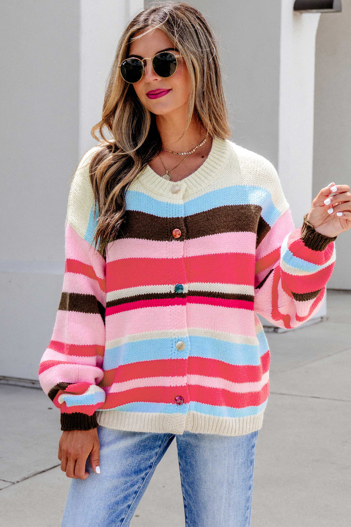 Pink Stripe Striped Colorblock Drop Shoulder Cardigan