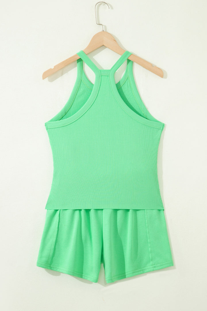 Green Slim Tank Top Elastic High Waist Shorts 2pcs Outfit