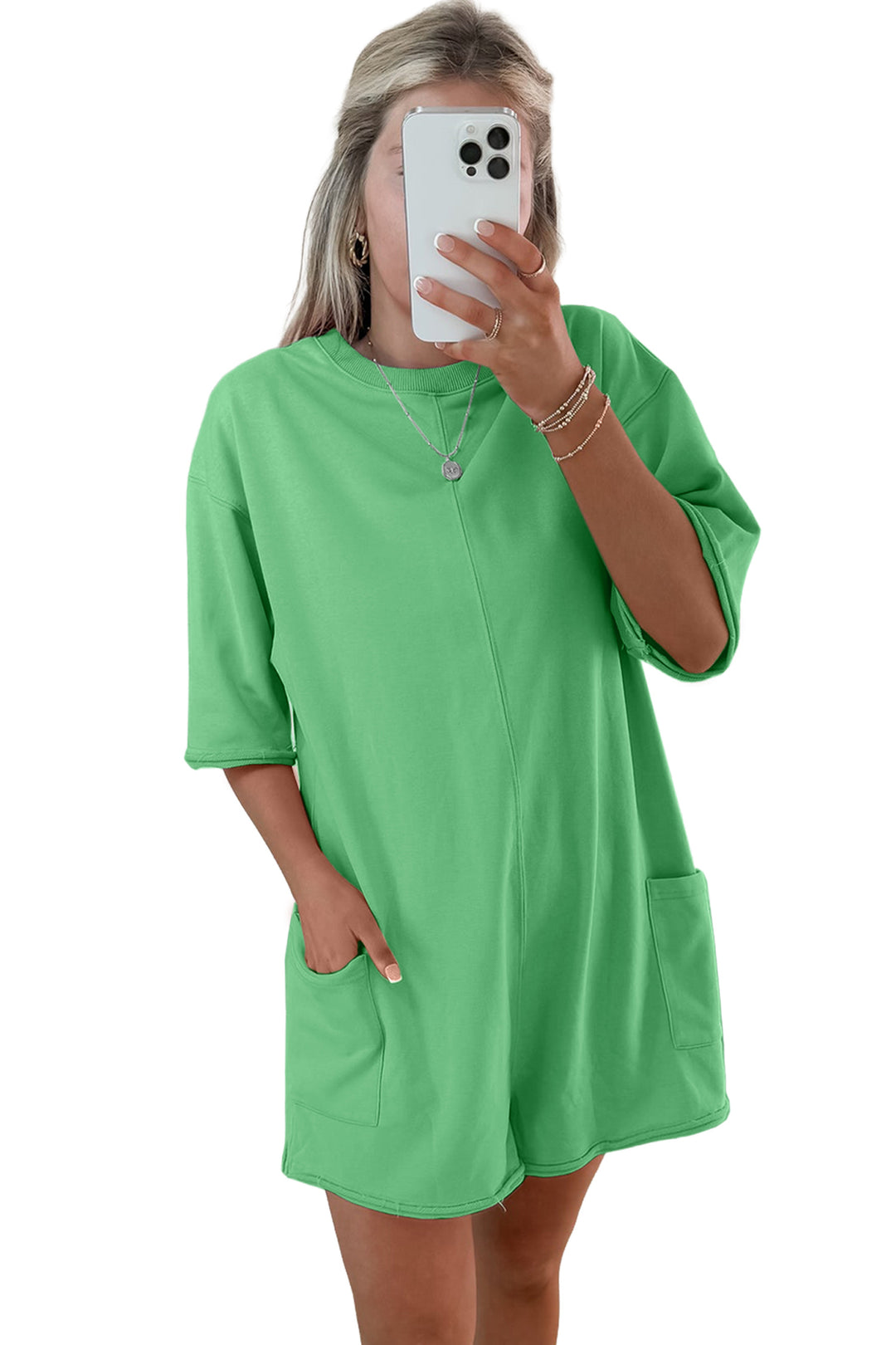 Bright Green Solid Color Raw Edge Half Sleeve Pocketed Loose Romper