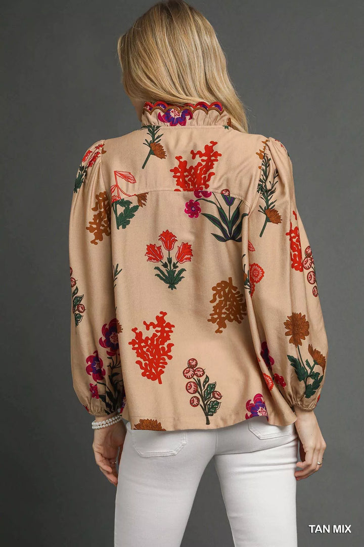 Umgee Flower Print Blouse with Scalloped Neckline