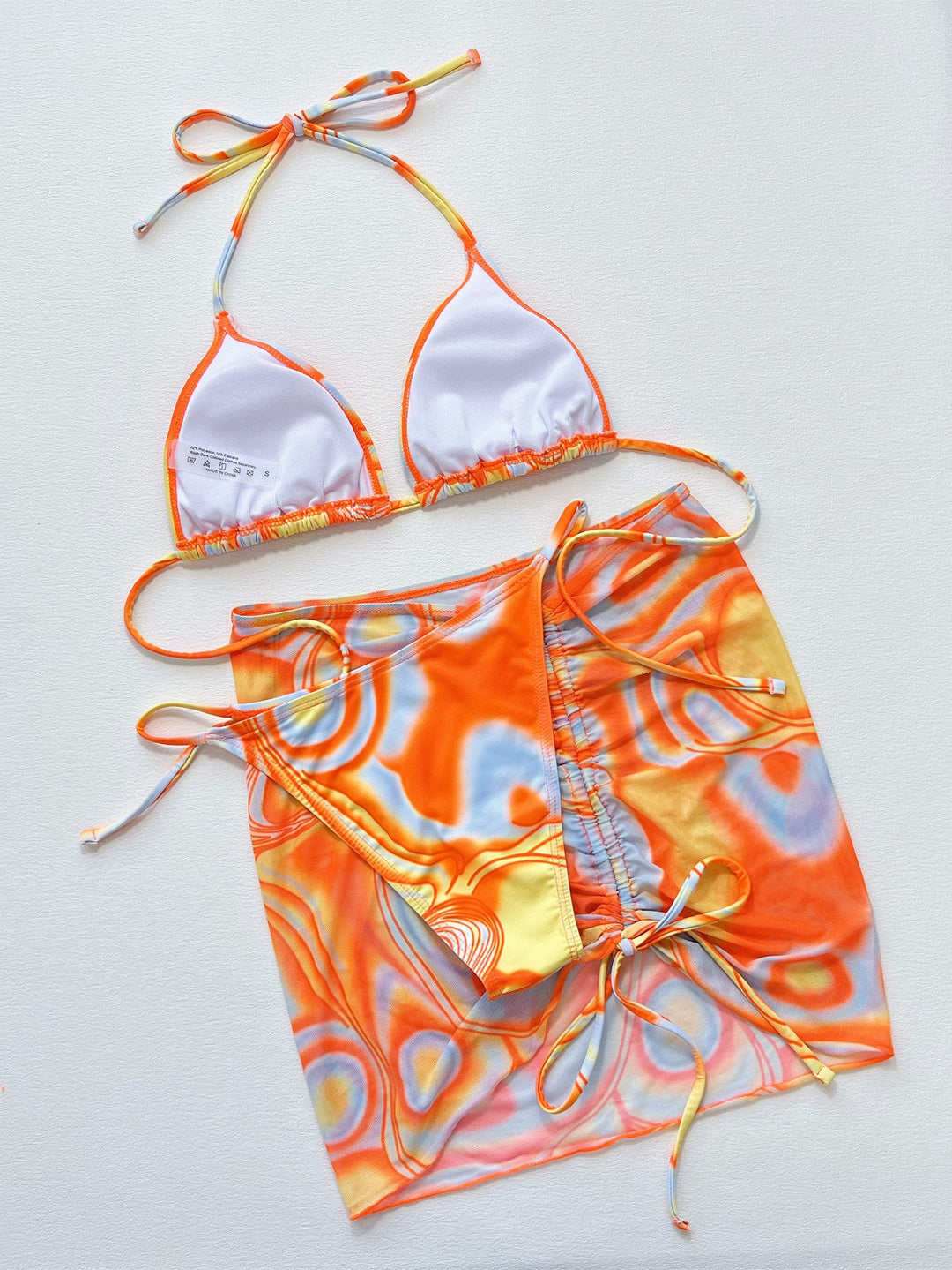 3-Piece Multicolor Ruched Bikini with Drawstring Skirt