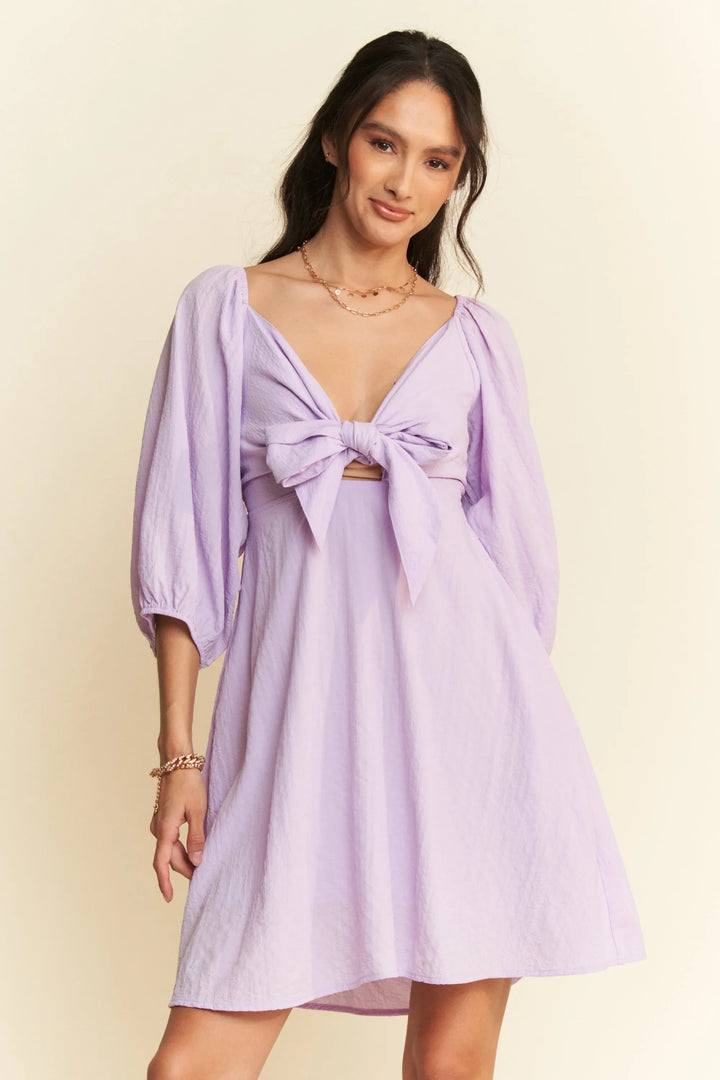 Davi & Dani Self-Tie Puff Sleeve Smocking Open Back Mini Dress