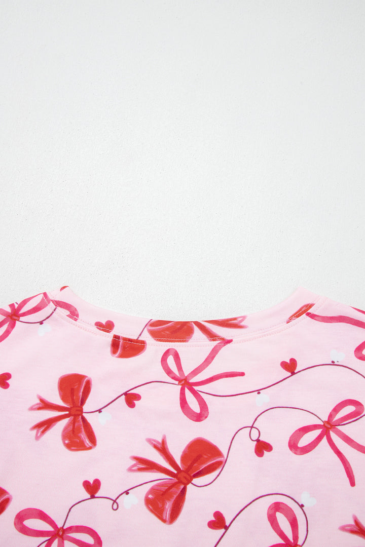 Red Romantic Bow Print Loose Tee Drawstring Shorts 2pcs Lounge Set