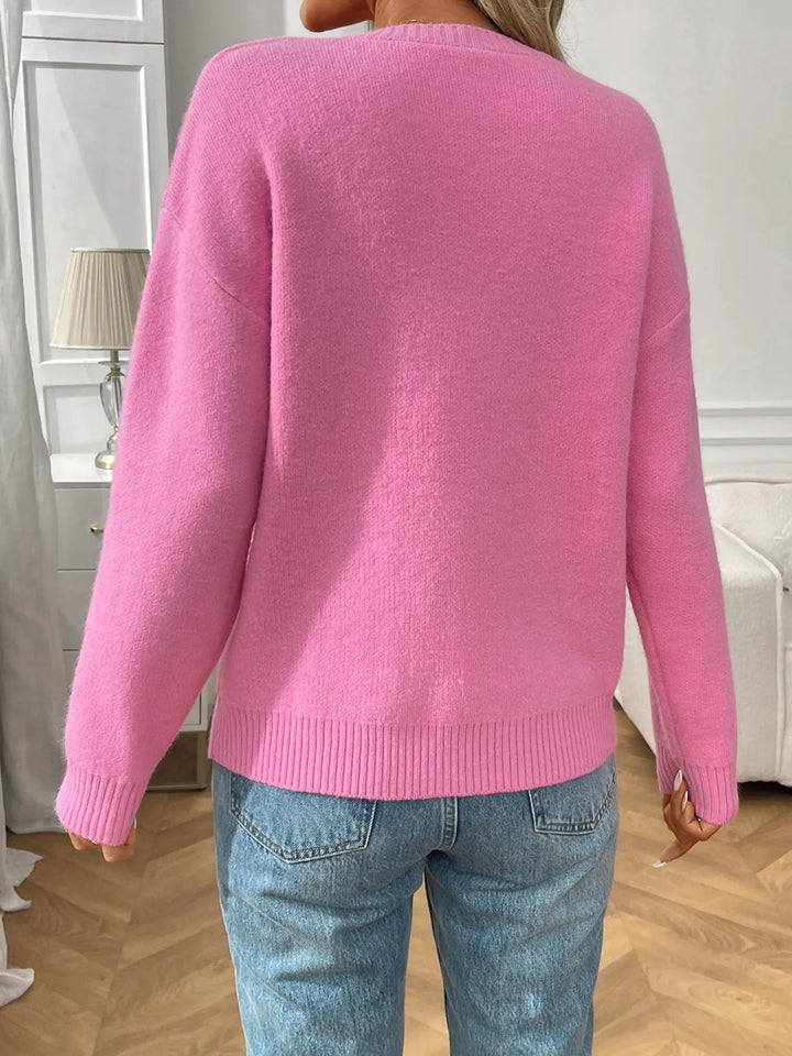 Bow Graphic Ribbed Hem Round Neck Sweater