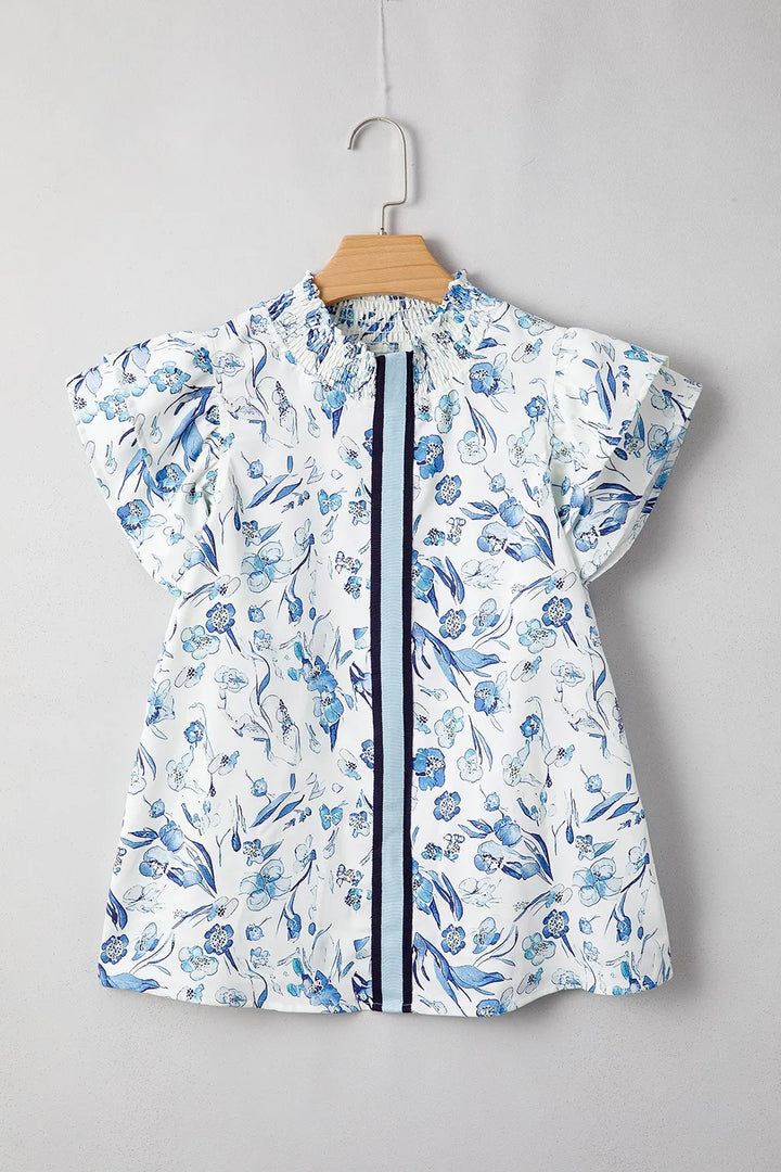 Floral Print Ruffled Short Sleeve Blouse