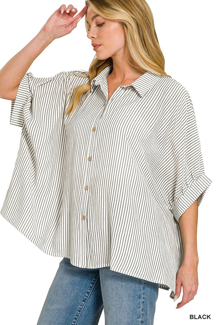 Zenana Full Size Woven Stripe Button Down Boxy Shirt Plus Size