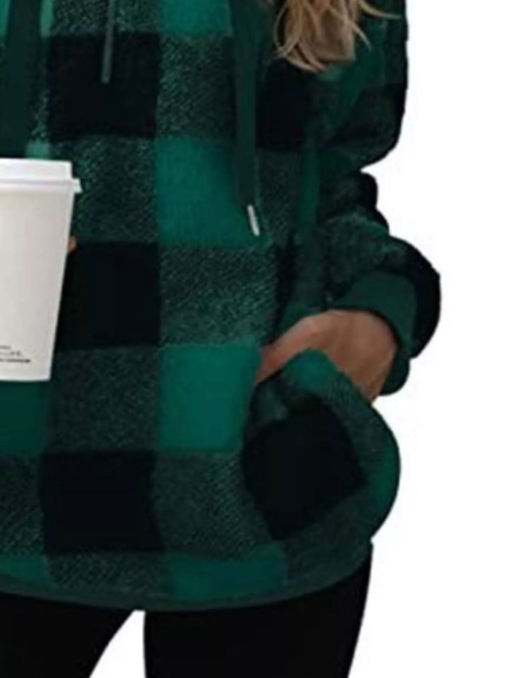 Full Size Plaid Sherpa Drawstring Hoodie Plus Size