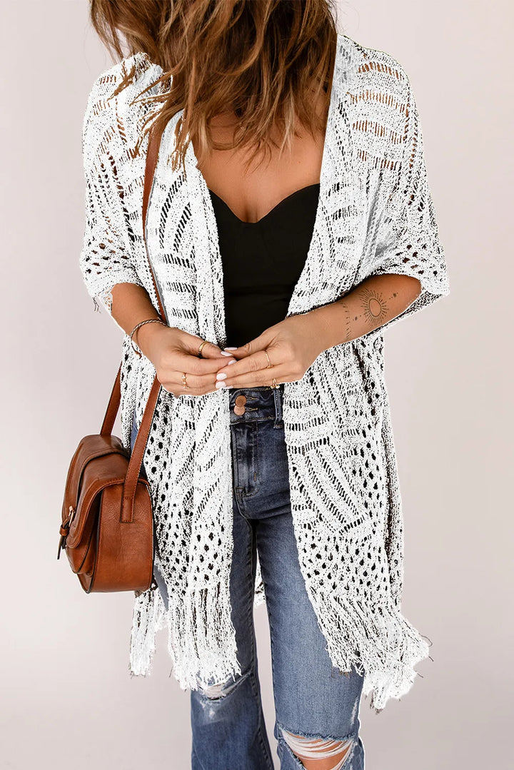 Openwork Open Front Cardigan with Fringes