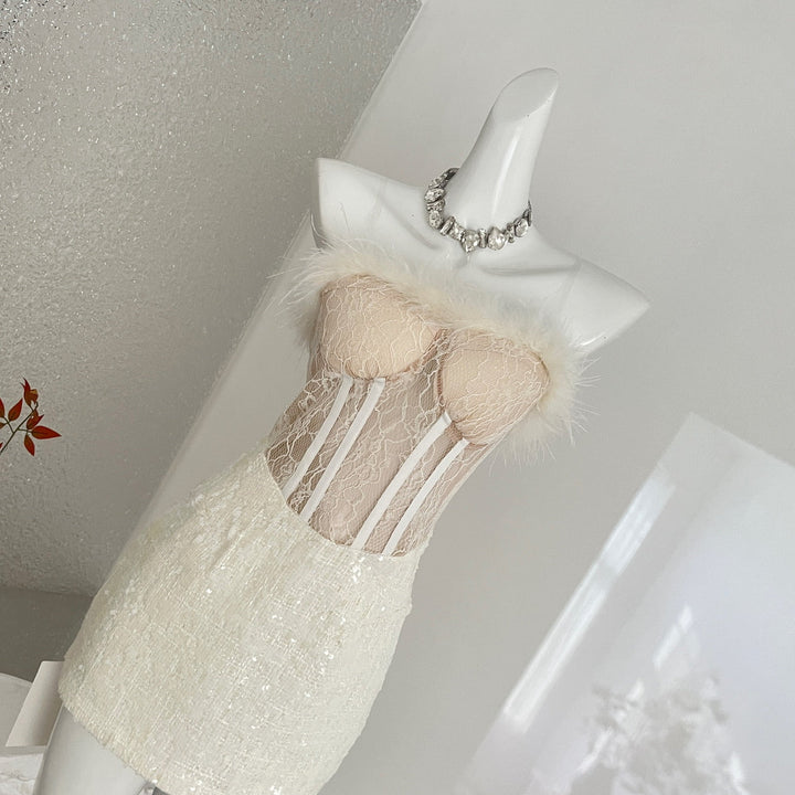 Women's French Strapless Bodycon Dress Lace Fur Trim Splicing Mini Dress For Birthday Dinner Club Night