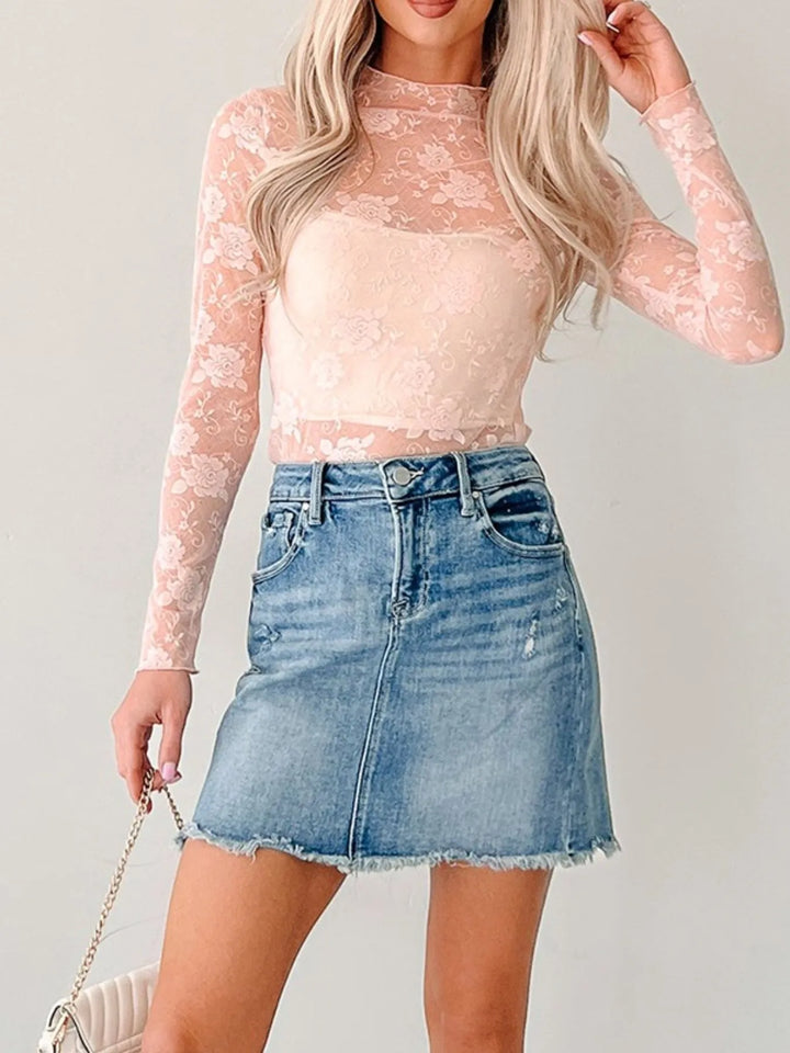 Lace Mock Neck Long Sleeve Blouse