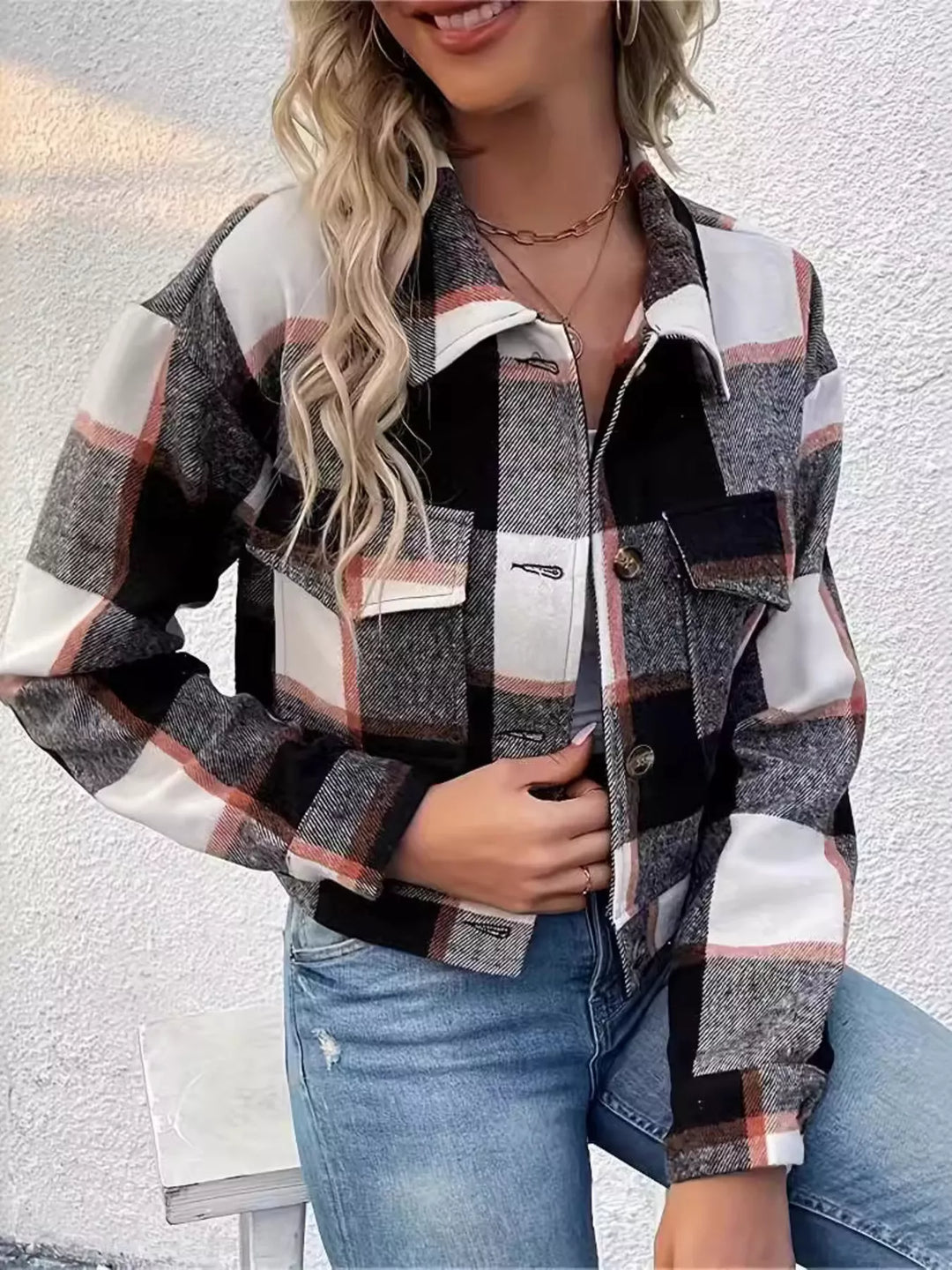 Plaid Button-Down Crop Jacket
