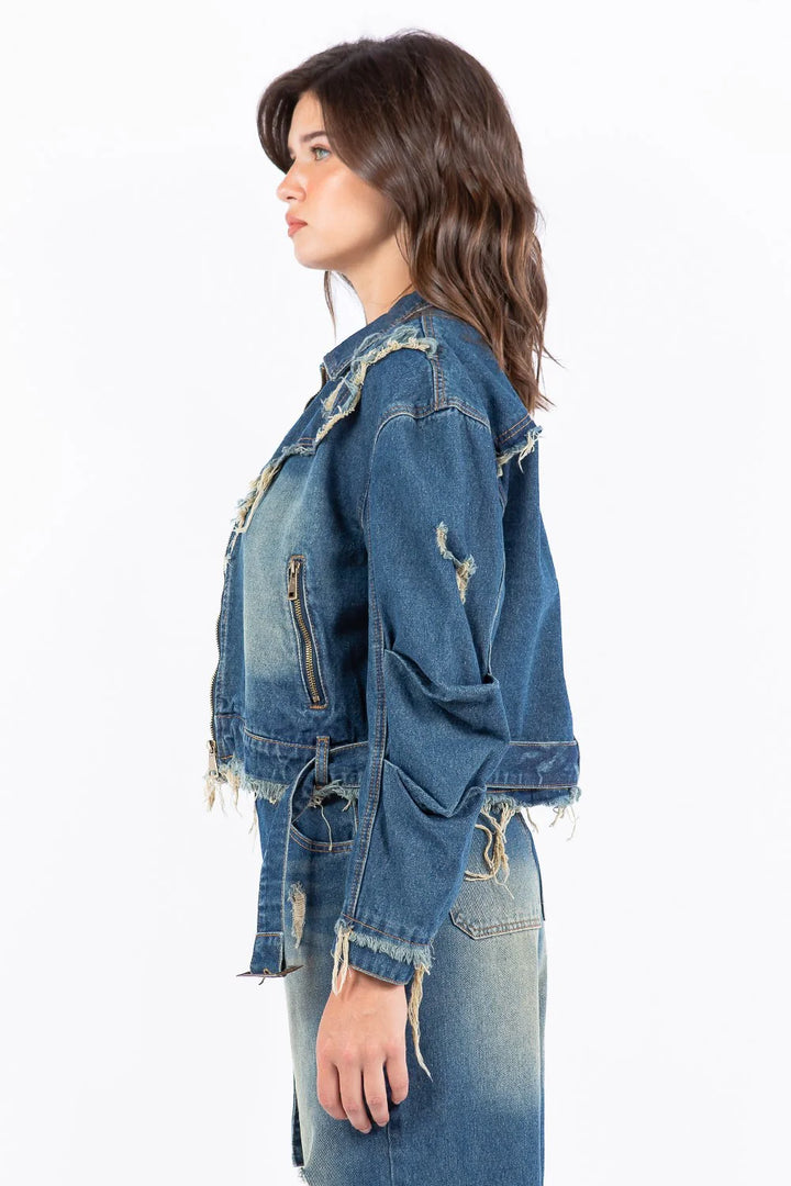 American Bazi Full Size Distressed Frayed Edge Zip Up Denim Jacket Plus Size